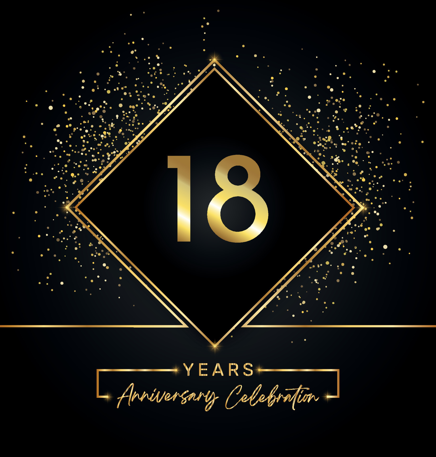 Celebrazione dell'anniversario di 18 anni con cornice dorata e glitter  dorati su sfondo nero. disegno vettoriale per biglietto di auguri, festa di  compleanno, matrimonio, festa evento, invito. Logo dell'anniversario di 18  anni.