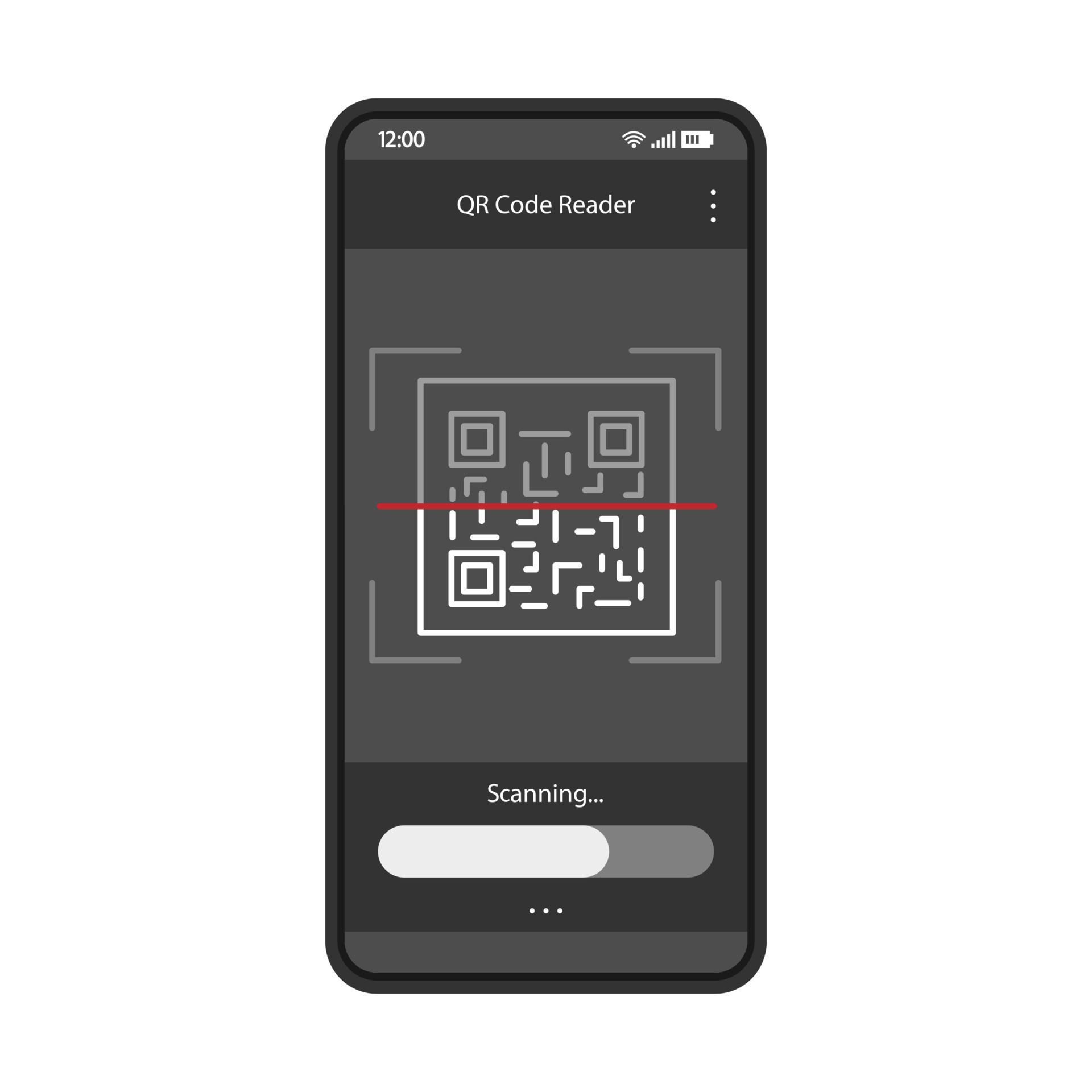 modello vettoriale dell'interfaccia dell'app di scansione del codice QR.  layout di design nero dell'interfaccia dell'app mobile. Lettore di codici  2d per smartphone. interfaccia utente piatta. display del telefono con  scanner di codici