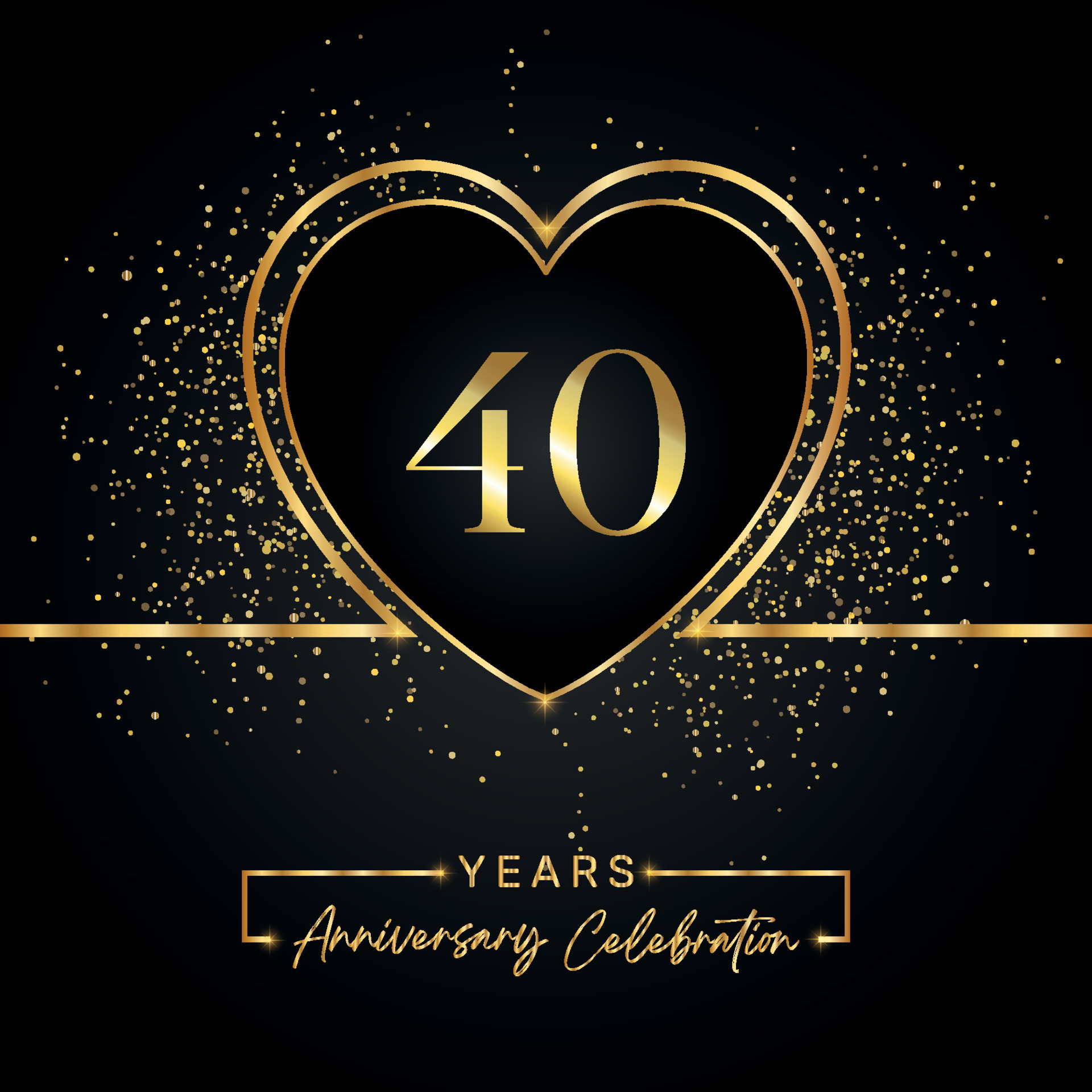 Celebrazione dell'anniversario di 40 anni con cuore d'oro e glitter dorati  su sfondo nero. disegno vettoriale per auguri, feste di compleanno,  matrimoni, feste di eventi. Logo dell'anniversario di 40 anni 7998213 Arte