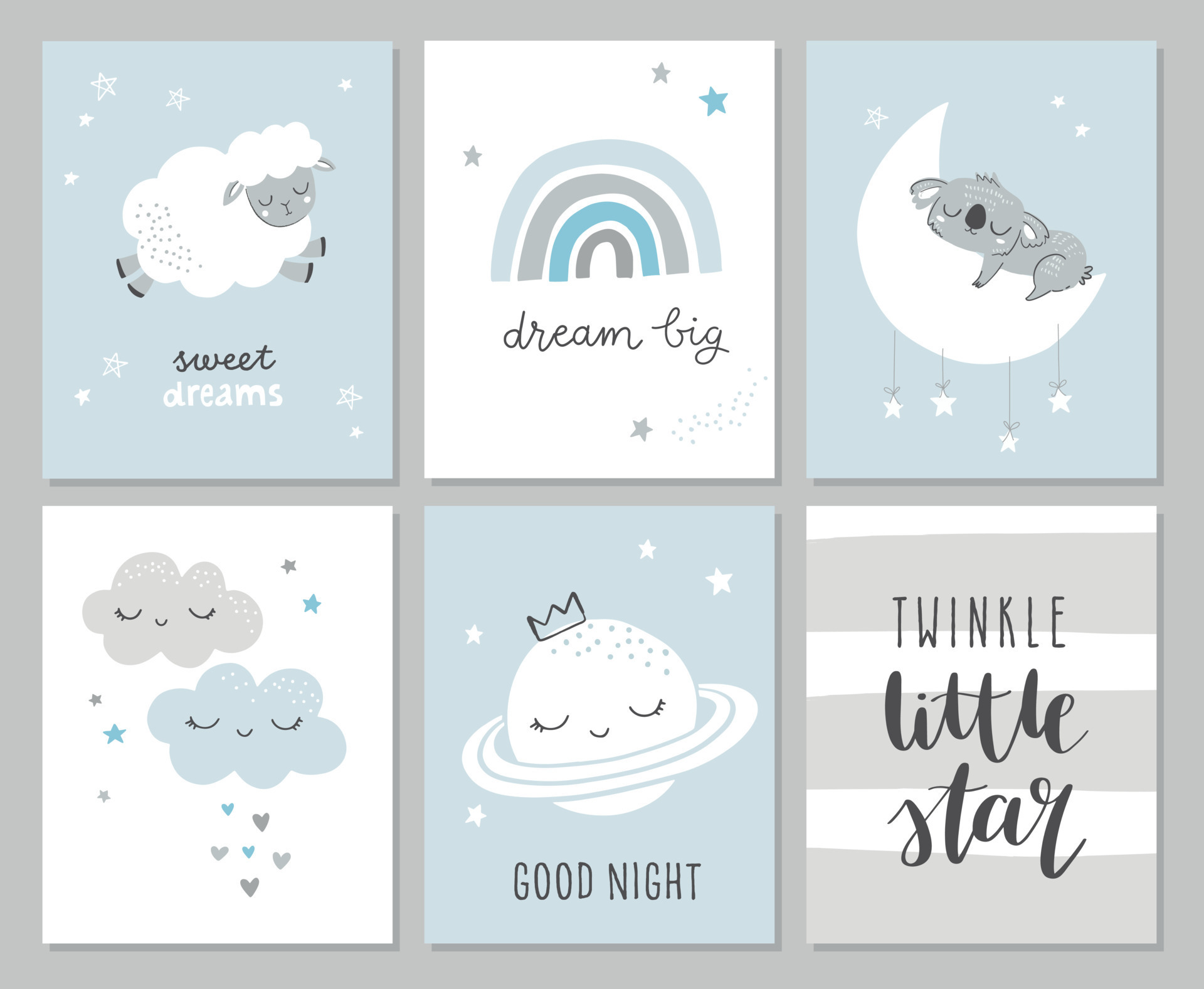 set di simpatiche carte per baby shower tra cui luna, nuvole, stella,  koala, lei e frasi di calligrafia moderna: sogna in grande, brilla una  piccola stella. illustrazioni vettoriali per inviti, biglietti di