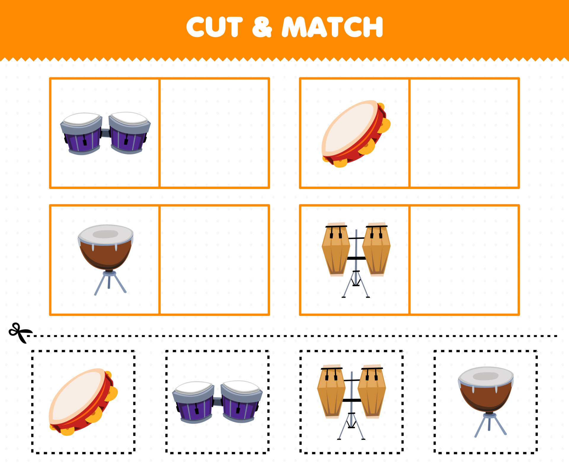gioco educativo per bambini taglia e abbina la stessa immagine dello  strumento musicale dei cartoni animati tamburo tamburello bango conga  9989997 Arte vettoriale a Vecteezy