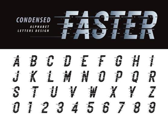 caratteri di lettere corsive condensate di velocità, lettere e numeri  dell'alfabeto moderno glitch moderno 5877381 Arte vettoriale a Vecteezy