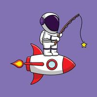 carino astronauta pesca stella su razzo cartone animato icona vettore illustrazione. concetto di cartone animato piatto di tecnologia scientifica