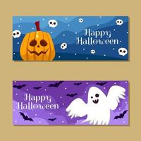 felice banner di halloween con zucca e fantasma vettore