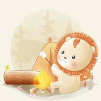carino piccolo leone torrefazione marshmallow sull'illustrazione dell'acquerello di falò vettore