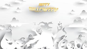 sfondo di halloween con strega e zucca in stile di intaglio di arte della carta. banner, poster, volantino o modello di invito per feste. illustrazione vettoriale. vettore