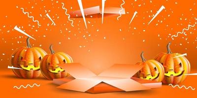 palco del podio di halloween con scatola aperta, banner da utilizzare per promozione o vendita e poster di eventi vettore