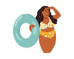 donna afroamericana divertente plus size in bikini che tiene un anello gonfiabile e guarda in lontananza che copre il viso con la mano. illustrazione vettoriale piatta a colori isolata su sfondo bianco