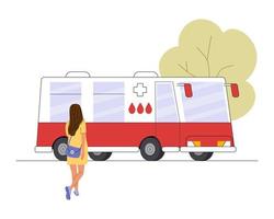 la giovane donatrice va al bus mobile per la donazione del sangue. ragazza volontaria che entra nel veicolo del centro medico. concetto di beneficenza e lavoro di soccorso. illustrazione vettoriale piatta a colori isolata su sfondo bianco