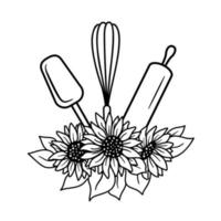 progettazione di etichette da forno. utensili da cucina con girasoli. illustrazione vettoriale - logo per panettiere o negozio