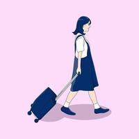 illustrazione del personaggio della ragazza che porta la valigia della borsa per viaggiare vettore