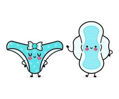 mutandine blu felici e divertenti e assorbenti mestruali. personaggi kawaii del fumetto disegnato a mano di vettore, icona dell'illustrazione. divertente cartone animato felice mutandine blu e amici mascotte pad mestruale vettore