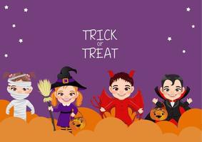 banner di festa di halloween o sfondo con bambini felici nel vettore di costumi di halloween