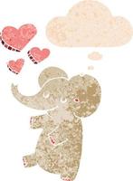 cartone animato elefante con cuori d'amore e bolla di pensiero in stile retrò strutturato vettore