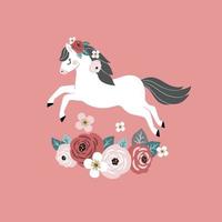 carino cavallo bianco e fiori vintage sfondo rosa. perfetto per biglietti di auguri, loghi, poster o design di stampa per asili nido. vettore