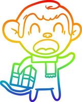 arcobaleno gradiente linea disegno gridando cartone animato scimmia che trasporta il regalo di natale vettore