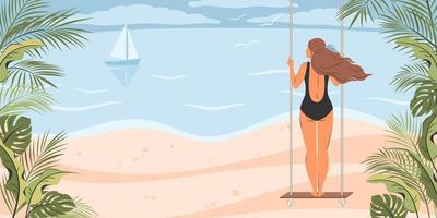 striscione estivo con ragazza in bikini sulla spiaggia sull'altalena e con foglie tropicali. illustrazione vettoriale