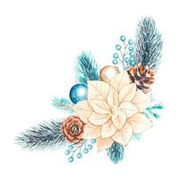 composizione natalizia ad acquerello di rami di abete, poinsettia e pigne. vettore