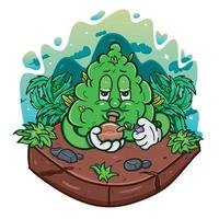 mascotte dei cartoni animati di erba infestante con bong di vetro fumante nella foresta di cannabis. vettore