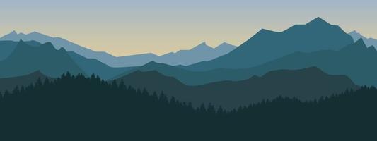 illustrazione del paesaggio di montagna e foresta all'alba e al tramonto vettore