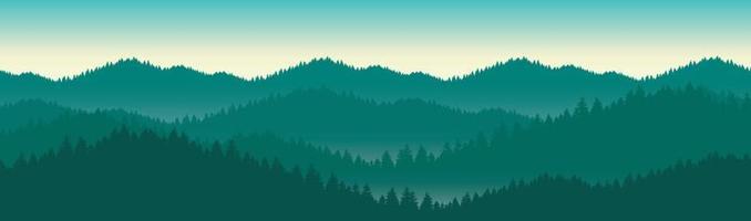 illustrazione di un paesaggio di montagna con colline e una foresta di pini. sotto il verde cielo primaverile vettore