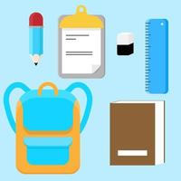 set di materiale scolastico illustrazione vettoriale su sfondo blu con appunti, matita, borsa, righello, gomma e un libro