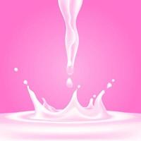 Set di illustrazioni realistiche vettoriali 3d, schizzi e versare latte di lampone, prodotti lattiero-caseari naturali realistici, gocce di schizzi di yogurt o crema, isolati su sfondo rosa. stampa, modello, elemento di design