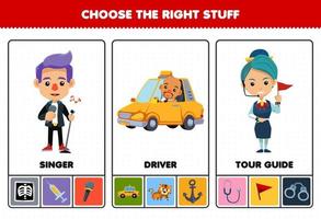 giochi educativi per bambini scegli la professione giusta per il foglio di lavoro stampabile della guida turistica del conducente del cantante simpatico cartone animato vettore