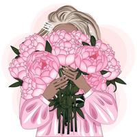 ragazza con un mazzo di peonie, illustrazione vettoriale di moda, stampa tessile, cartolina