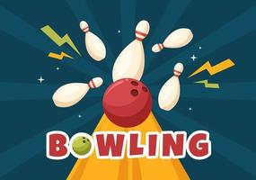 illustrazione di progettazione del fondo piatto del fumetto disegnato a mano del gioco di bowling con i perni, le palle e i tabelloni segnapunti in un club sportivo o in una competizione di attività vettore