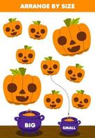 gioco educativo per bambini organizza per taglia grande o piccola mettilo nel calderone del simpatico cartone animato zucca arancione con faccia foglio di lavoro stampabile di halloween vettore