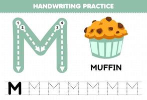 gioco educativo per bambini pratica di scrittura a mano con lettere maiuscole m per foglio di lavoro stampabile muffin vettore