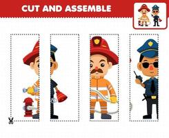 gioco educativo per bambini che tagliano la pratica e assemblano il puzzle con un foglio di lavoro stampabile per la professione di pompiere e poliziotto simpatico cartone animato vettore