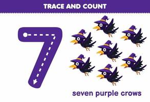 gioco educativo per bambini che traccia il numero sette e il conteggio del foglio di lavoro stampabile di halloween dei corvi viola del fumetto carino vettore