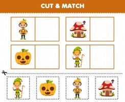 gioco educativo per bambini taglia e abbina la stessa immagine del simpatico cartone animato casa dei funghi zucca ragazzo nani costume halloween foglio di lavoro stampabile vettore