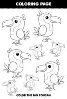 gioco educativo per bambini da colorare pagina grande o piccola immagine di simpatico cartone animato tucano uccello animale linea arte foglio di lavoro stampabile vettore