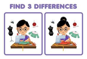 gioco educativo per bambini trova tre differenze tra due fogli di lavoro stampabili di professione di sarto simpatico cartone animato vettore