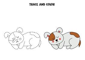 traccia e colora il simpatico cane addormentato disegnato a mano. foglio di lavoro per bambini. vettore