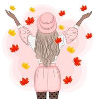 ragazza con un cappello e foglie d'autunno, moda, illustrazione vettoriale