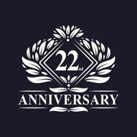 Logo dell'anniversario di 22 anni, logo floreale di lusso per il 22° anniversario. vettore