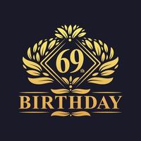 69 anni di logo di compleanno, celebrazione del 69° compleanno d'oro di lusso. vettore