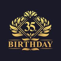 35 anni di logo di compleanno, celebrazione del 35° compleanno d'oro di lusso. vettore