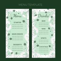 modello di menu floreale per matrimoni in stile doodle disegnato a mano, design di biglietti d'invito con fiori e foglie di linea, punti e bacche. cornice decorativa vettoriale su sfondo bianco e verde.