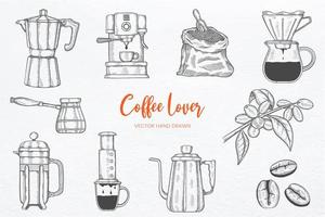 collezione di set di amanti del caffè con vettore di schizzo disegnato a mano