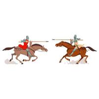 due cavalieri di combattimento in stile cartone animato su cavalli vettore