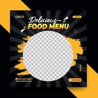 moderno delizioso ristorante menu cibo colore nero e giallo social media post design modello vettoriale per il marketing