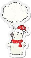 simpatico cartone animato orso di Natale e bolla di pensiero come adesivo consumato in difficoltà vettore