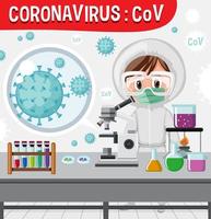 diagramma di coronavirus con medico che lavora in laboratorio vettore