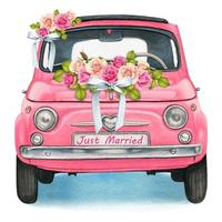 auto d'epoca acquerello rosa con fiori matrimonio vettore