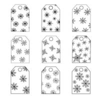 regali di natale tag etichette set di fiocchi di neve disegnati a mano in semplice contorno stile doodle vettore